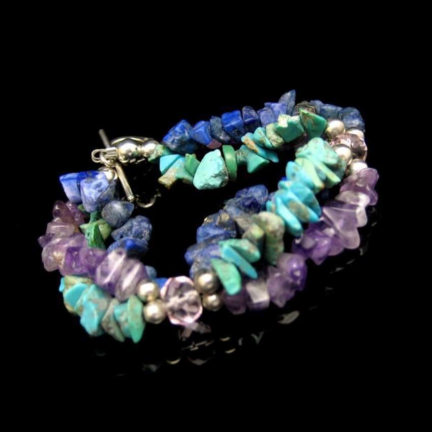 Vintage Bracelet 925 Sterling Silver 3 Strands Amethyst Lapis Lazuli 8 inch