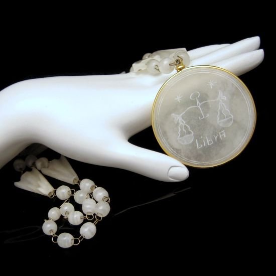 Vintage Pendant Necklace Mid Century Mexican Onyx Libra Zodiac Large White Travertine
