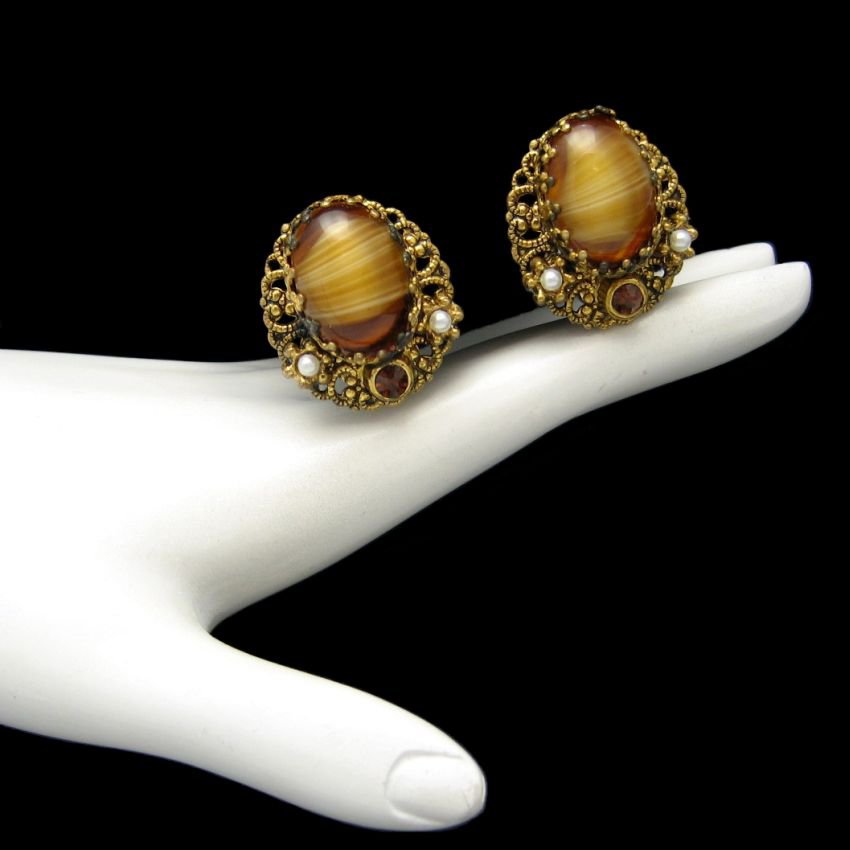 WEST GERMANY Vintage Earrings Mid Century Filigree Tiger Eye Glass Clips Rhinestones