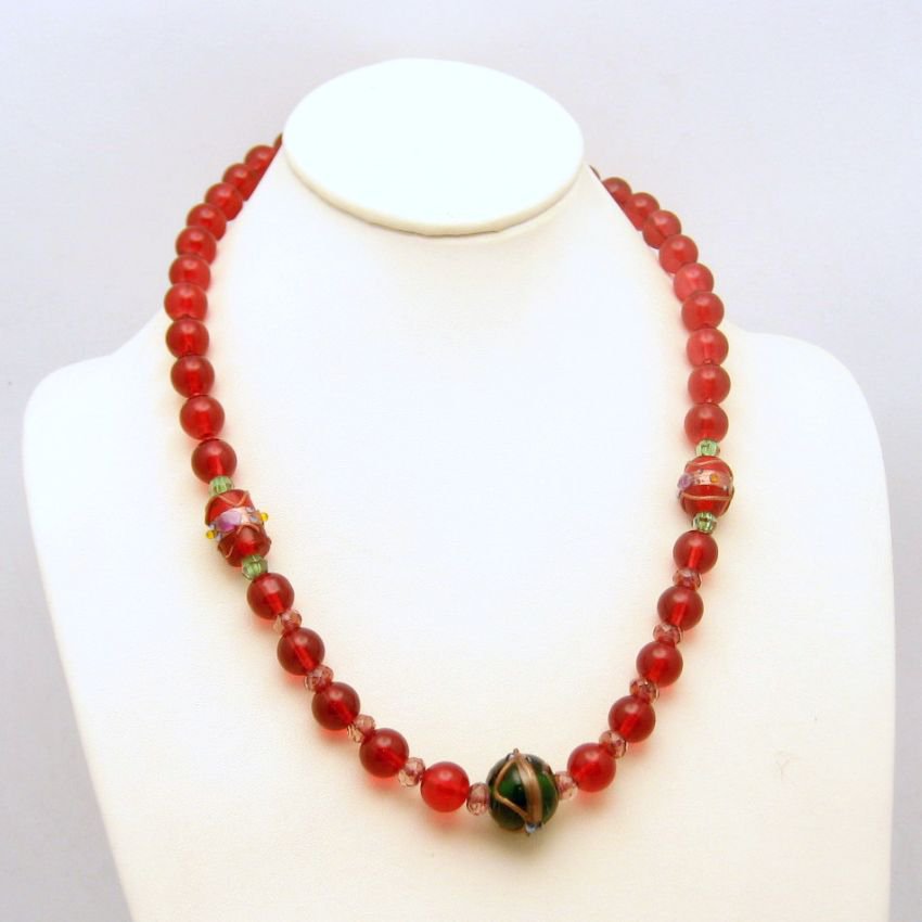 Vintage Wedding Cake Beads Necklace Mid Century Red Green Glass Cane Crystals Chunky