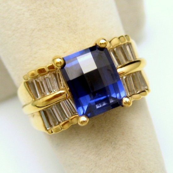 Vintage Ring 925 Sterling Silver Gold Vermeil Blue CZ Baguettes Size 7.25