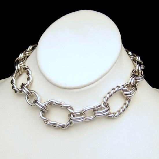 Vintage Necklace Mid Century Large Silver Plated Twisted Links Chunky Ribbed Massive