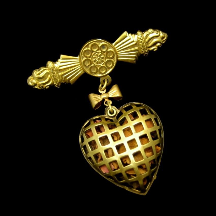 Vintage Victorian Style Mourning Brooch Pin Sachet Heart Locket Rose Petals Bow Lattice Dangle