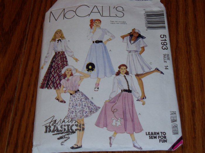 1991 McCall's Fashion Basics Skirt Pattern #5193 Sz 14