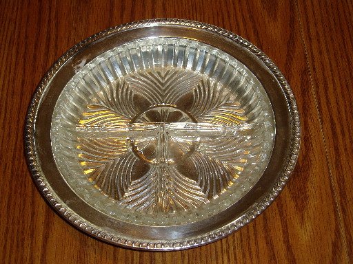 Silver Tray W/Clear Glass Divided Relish/Condiment Dish
