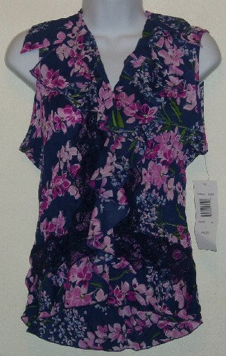 NWT Navy Blue/Pink Floral Allison Taylor Blouse/Top Large