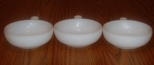 Set of 3 Glasbake Milk Glass Chili/Soup Bowls W/Handle