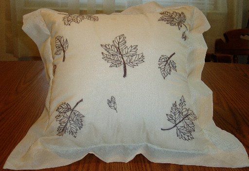 White Pillow W/Brown Leaf Print Machine Embroidered