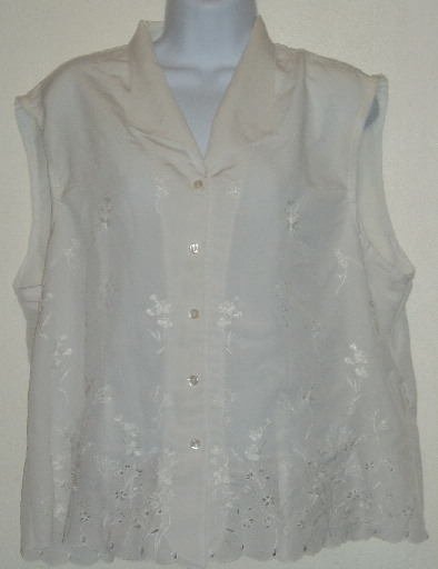 Joanna White Sleeveless Embroidered Blouse/Top Sz. XL