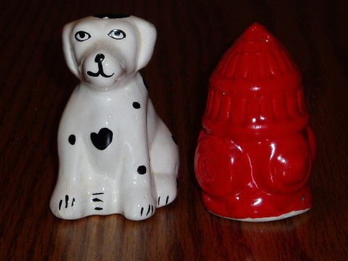 Dalmation Dog and Fire Hydrant Figural S & P Shaker Set