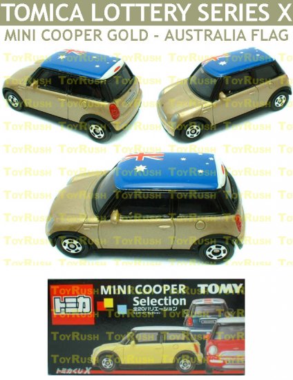 Tomy Tomica Lottery Series X : #L10-18 Mini Cooper Gold With Australia Flag Top