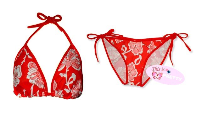 New Red White Hawaiian String Bikini Top & Matching Tie Sides Bottom