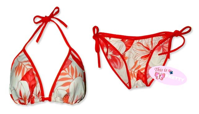 New Red White Hawaiian String Bikini Top & Matching Tie Sides Bottom