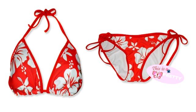 New Red White Hawaiian String Bikini Top & Matching Tie Sides Bottom