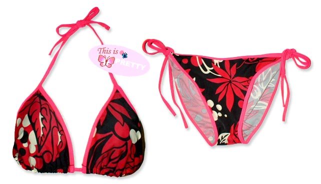 New Pink Black Tropical String Bikini Top & Matching Tie Sides Bottom