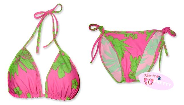 New Hot Pink Green Tropical String Bikini Top & Matching Tie Sides Bottom