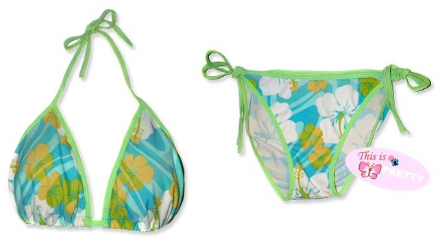 New Green Blue-Yellow Tropical String Bikini Top & Matching Tie Sides Bottom