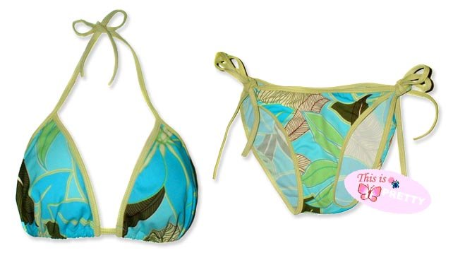 New Green Blue Tropical String Bikini Top & Matching Tie Sides Bottom