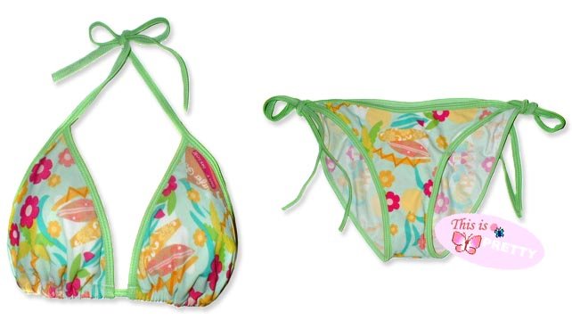 New Green Rainbow Flower String Bikini Top & Matching Tie Sides Bottom