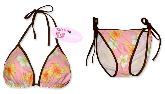 New Brown Pink Tropical String Bikini Top & Matching Tie Sides Bottom