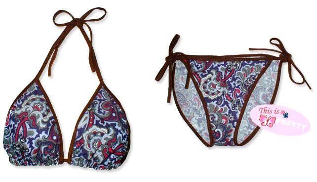 New Brown Purple Paisley String Bikini Top & Matching Tie Sides Bottom