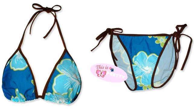 New Brown Blue Tropical String Bikini Top & Matching Tie Sides Bottom