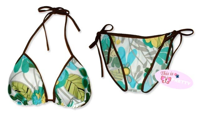 New Brown Blue-Green Tropical String Bikini Top & Matching Tie Sides Bottom