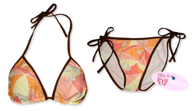 New Brown Orange Daisy String Bikini Top & Matching Tie Sides Bottom
