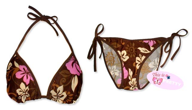 New Brown Pink Tropical String Bikini Top & Matching Tie Sides Bottom