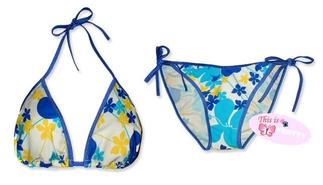 New Blue Yellow Tropical String Bikini Top & Matching Tie Sides Bottom