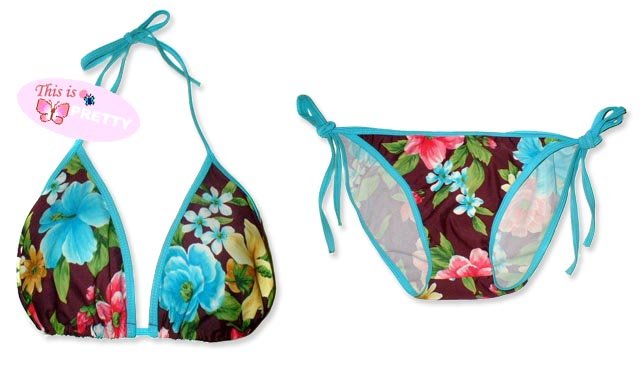 New Blue Purple Tropical String Bikini Top & Matching Tie Sides Bottom
