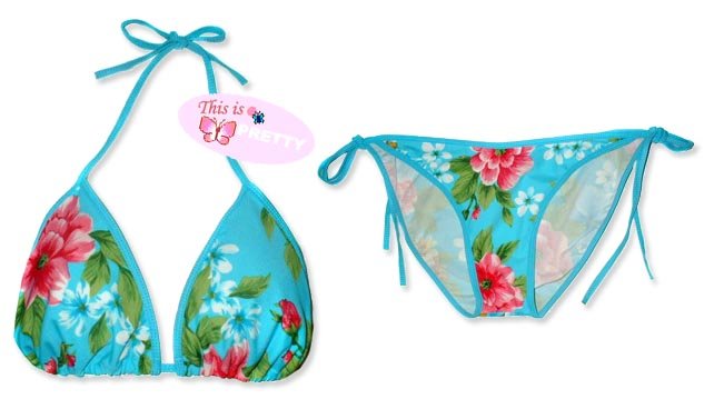 New Blue Pink Tropical String Bikini Top & Matching Tie Sides Bottom
