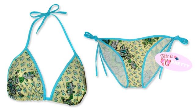 New Blue Yellow Paisley String Bikini Top & Matching Tie Sides Bottom