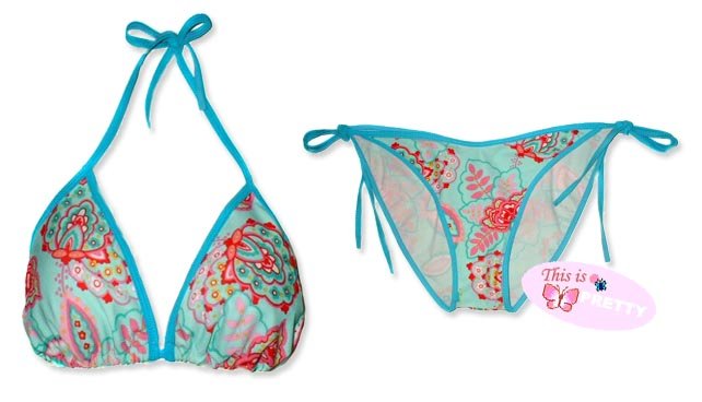 New Blue Pink Paisley String Bikini Top & Matching Tie Sides Bottom
