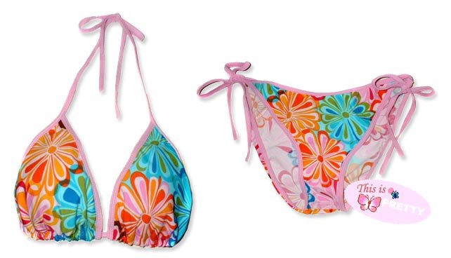 New Pink Rainbow Flower String Bikini Top & Matching Tie Sides Bottom
