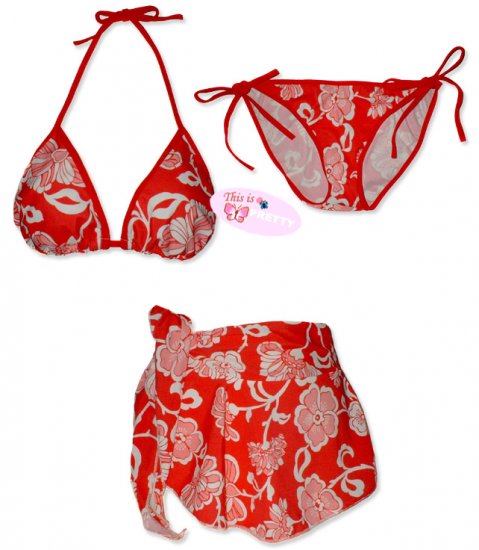 New Red Hawaiian String Bikini Top With Matching Tie Sides Bottom & Cover Skirt