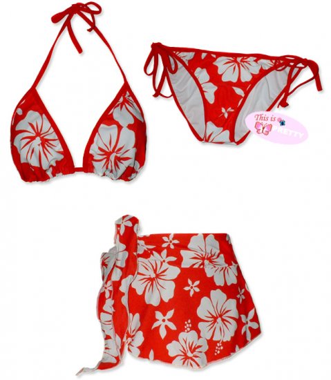 New Red Hawaiian String Bikini Top With Matching Tie Sides Bottom & Cover Skirt