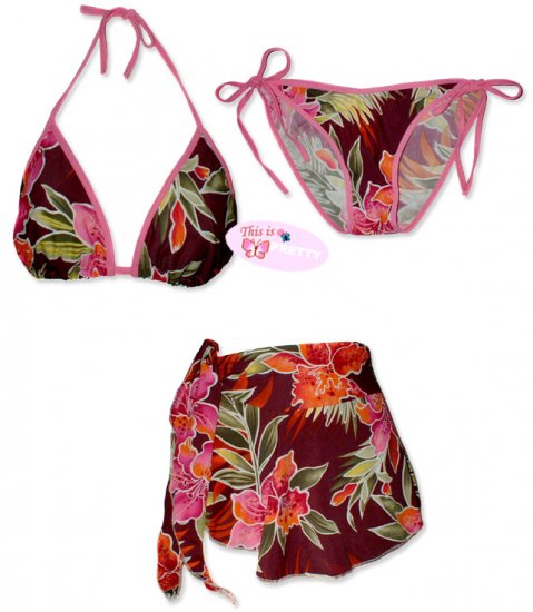 New Pink Tropical String Bikini Top With Matching Tie Sides Bottom & Cover Skirt