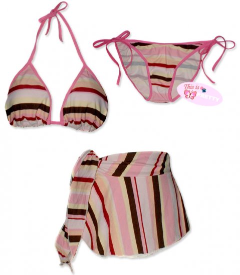 New Pink Stripes String Bikini Top With Matching Tie Sides Bottom & Cover Skirt