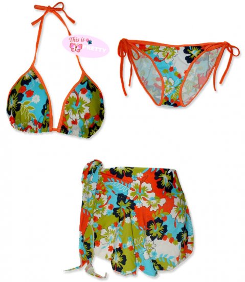 New Orange-Blue Hawaiian String Bikini Top With Matching Tie Sides Bottom & Cover Skirt
