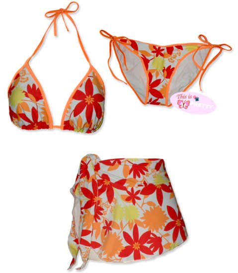 New Orange Red Hawaiian String Bikini Top With Matching Tie Sides Bottom & Cover Skirt