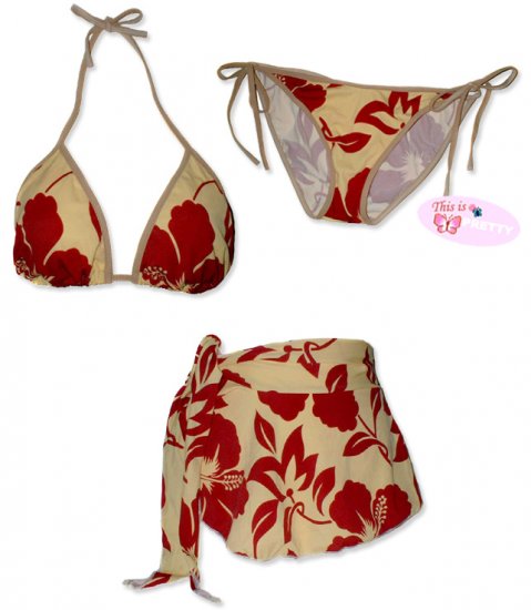 New Mocha Brown Tropical String Bikini Top With Matching Tie Sides Bottom & Cover Skirt
