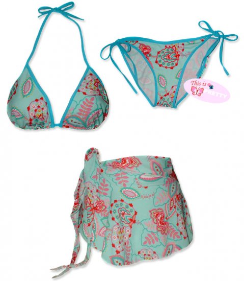 New Blue Pink Paisley String Bikini Top With Matching Tie Sides Bottom & Cover Skirt
