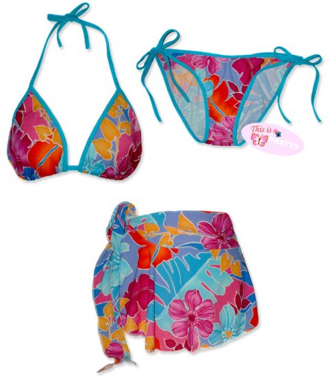 New Blue-Pink Tropical String Bikini Top With Matching Tie Sides Bottom & Cover Skirt