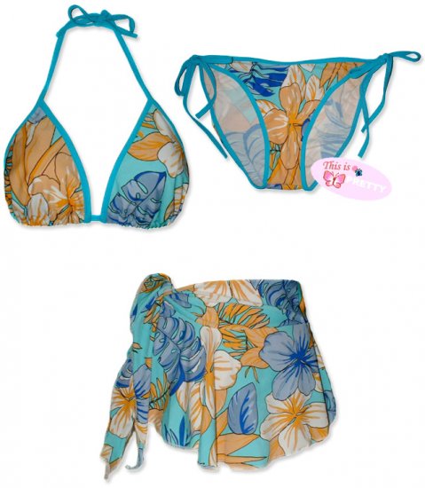 New Blue-Orange Tropical String Bikini Top With Matching Tie Sides Bottom & Cover Skirt