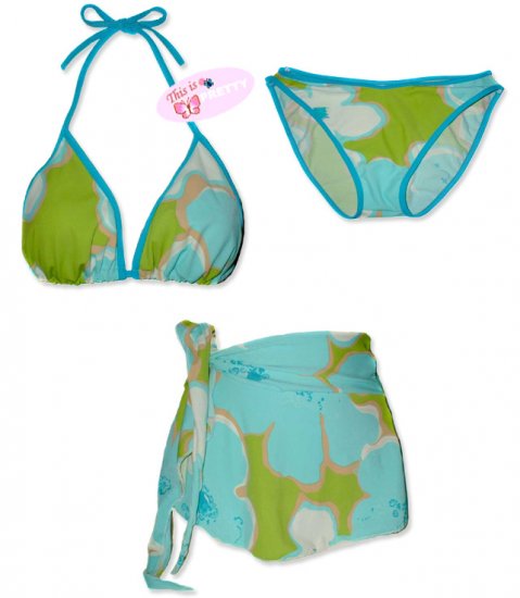 New Blue-Green Tropical String Bikini Top With Matching Bottom & Cover Skirt