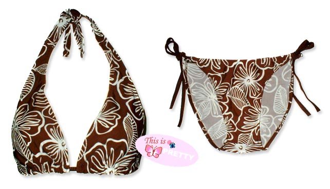 New Brown White Tropical Halter Bikini Top & Matching Tie Sides Bottom