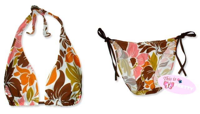 New Brown Orange Tropical Halter Bikini Top & Matching Tie Sides Bottom