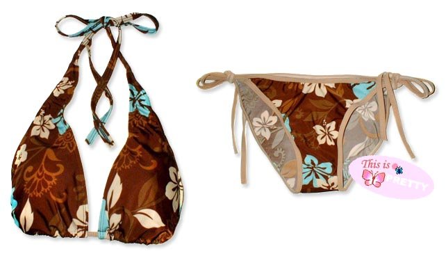 New Brown Blue Halter Bikini Top & Matching Tie Sides Bottom