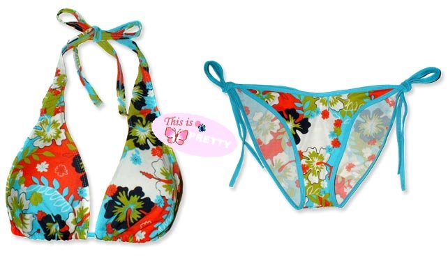New Blue Hawaiian Tropical Halter Bikini Top & Matching Tie Sides Bottom